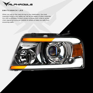 Alpha Owls 2004-2008 Ford F-150 SQX Series LED Projector Headlights (LED Projector Chrome housing w/ Sequential Signal/LumenX Light Bar)