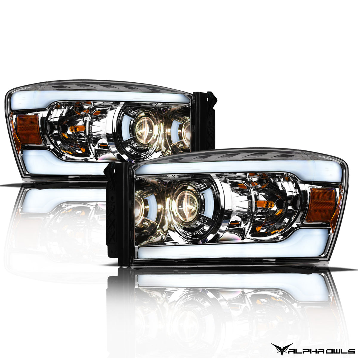 Alpha Owls 2006-2008 Dodge Ram 1500 LMP Series Projector Headlights  (Halogen Projector Chrome housing w/ LumenX Light Bar)