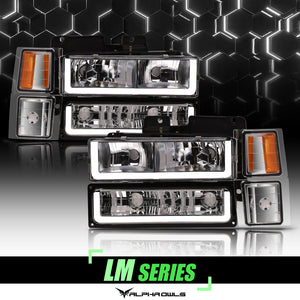 Alpha Owls 1994-1998 GMC C-Series 1500 LM Series Headlights w/Corner Lights (Crystal Headlights Chrome housing w/ LumenX Light Bar)