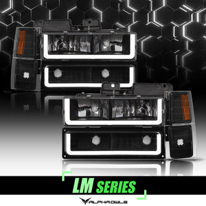 Alpha Owls 1994-1998 GMC K-Series 1500 LM Series Headlights w/Corner Lights (Crystal Headlights Black housing w/ LumenX Light Bar)