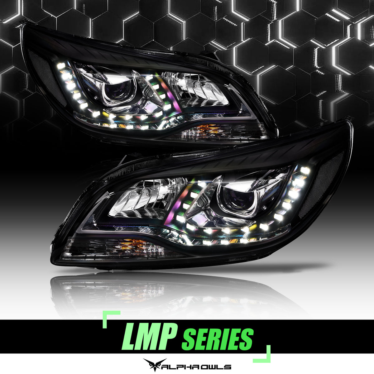 Alpha Owls 2012-2015 Chevy Malibu LMP Series Headlights (Halogen Projector  Black housing w/ LumenX Light Bar), image size:1200x1200