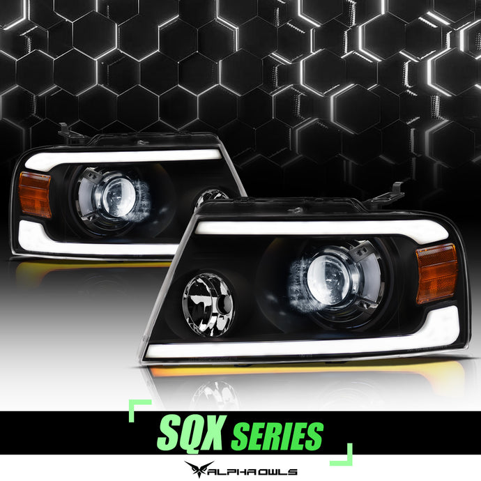 Alpha Owls 2004-2008 Ford F-150 SQX Series LED Projector Headlights (LED Projector Black housing w/ Sequential Signal/LumenX Light Bar)