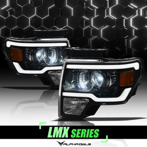 Alpha Owls 2009-2014 Ford F-150 (Excl. Models w/ factory Xenon) LMX Series LED Projector Headlights (LED Projector Black housing w/ LumenX Light Bar)