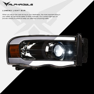 Alpha Owls 2002-2005 Dodge Ram 1500 LMX Series LED Projector Headlights (LED Projector Black housing w/ LumenX Light Bar)