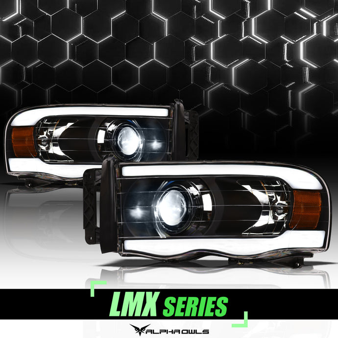 Alpha Owls 2003-2005 Dodge Ram 2500/3500 LMX Series LED Projector Headlights (LED Projector Black housing w/ LumenX Light Bar)