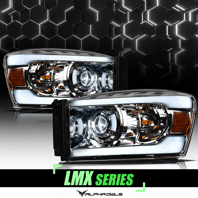 Alpha Owls 2006-2009 Dodge Ram 2500/3500 LMX Series LED Projector Headlights (LED Projector Chrome housing w/ LumenX Light Bar)