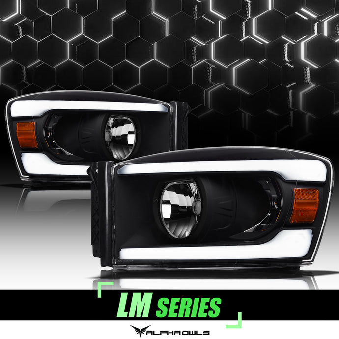 Alpha Owls 2006-2008 Dodge Ram 1500 LM Series Headlights (Crystal Headlights Black housing w/ LumenX Light Bar)