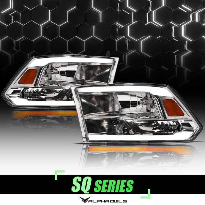 Alpha Owls 2018-2022 Dodge Ram 1500 Classic SQ Series Headlights (Crystal Headlights Chrome housing w/ Sequential Signal/LumenX Light Bar)