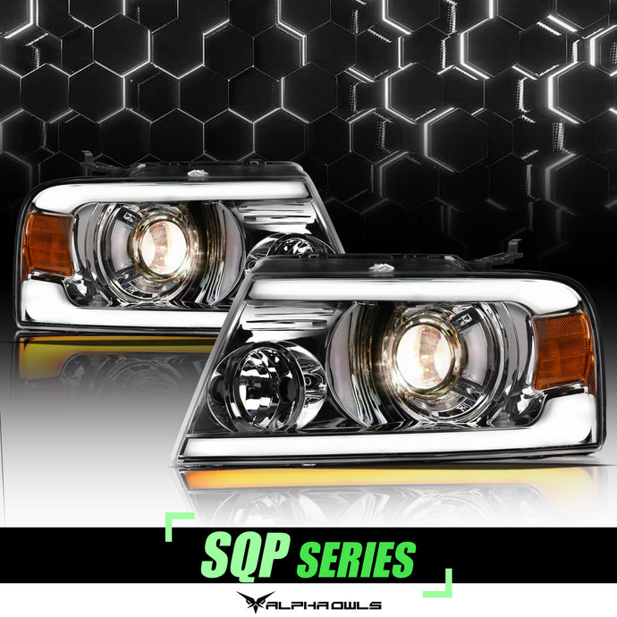 Alpha Owls 2004-2008 Ford F-150 SQP Series Projector Headlights (Halogen Projector Chrome housing w/ Sequential Signal/LumenX Light Bar)