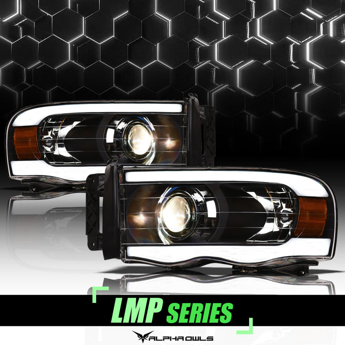 Alpha Owls 2003-2005 Dodge Ram 2500/3500 LMP Series Projector Headlights (Halogen Projector Black housing w/ LumenX Light Bar)
