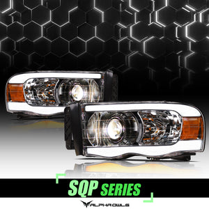 Alpha Owls 2002-2005 Dodge Ram 1500 SQP Series Projector Headlights (Halogen Projector Chrome housing w/ Sequential Signal/LumenX Light Bar)