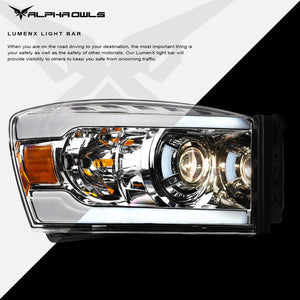 Alpha Owls 2006-2009 Dodge Ram 2500/3500 LMP Series Projector Headlights (Halogen Projector Chrome housing w/ LumenX Light Bar)