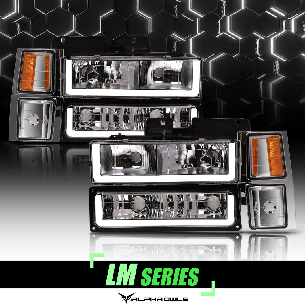 Alpha Owls 1994-1999 Chevy Tahoe LM Series Headlights w/Corner Lights (Crystal Headlights Chrome housing w/ LumenX Light Bar)