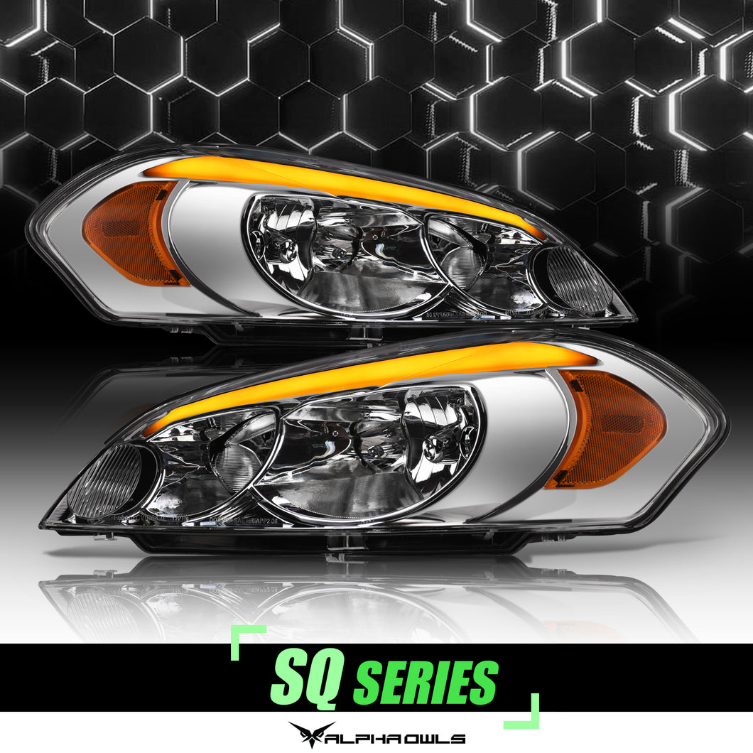 Alpha Owls 2014-2016 Chevy Impala Limited SQ Series Headlights (Crystal Headlights Chrome housing w/ Sequential Signal/LumenX Light Bar)