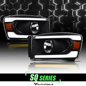 Alpha Owls 2006-2008 Dodge Ram 1500 SQ Series Headlights (Crystal Headlights Black housing w/ Sequential Signal/LumenX Light Bar)