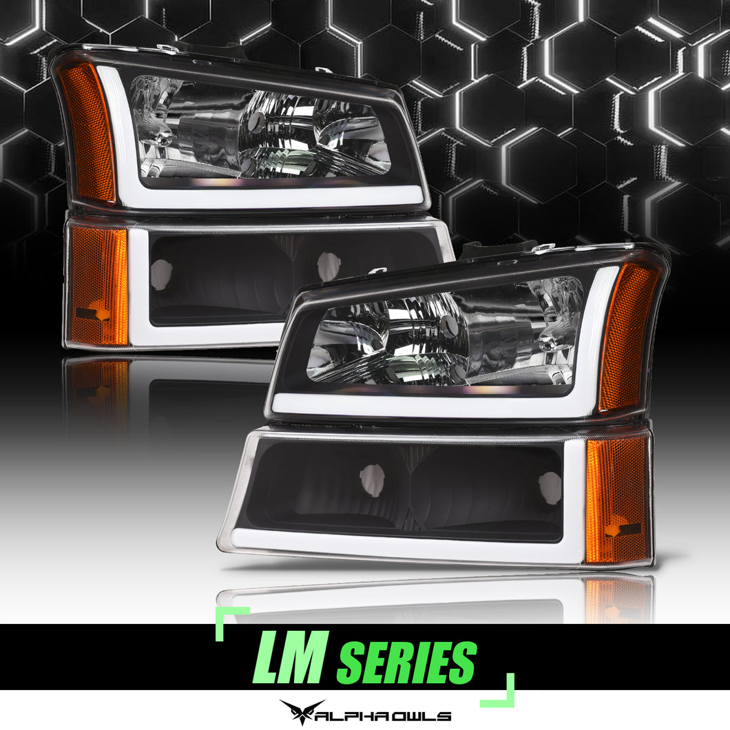 OEMdepots Black Headlights For 2003-2006 Chevy Silverado 1500/2500/3500 - Pair, Bumper Lamps, DOT/SAE, Halogen