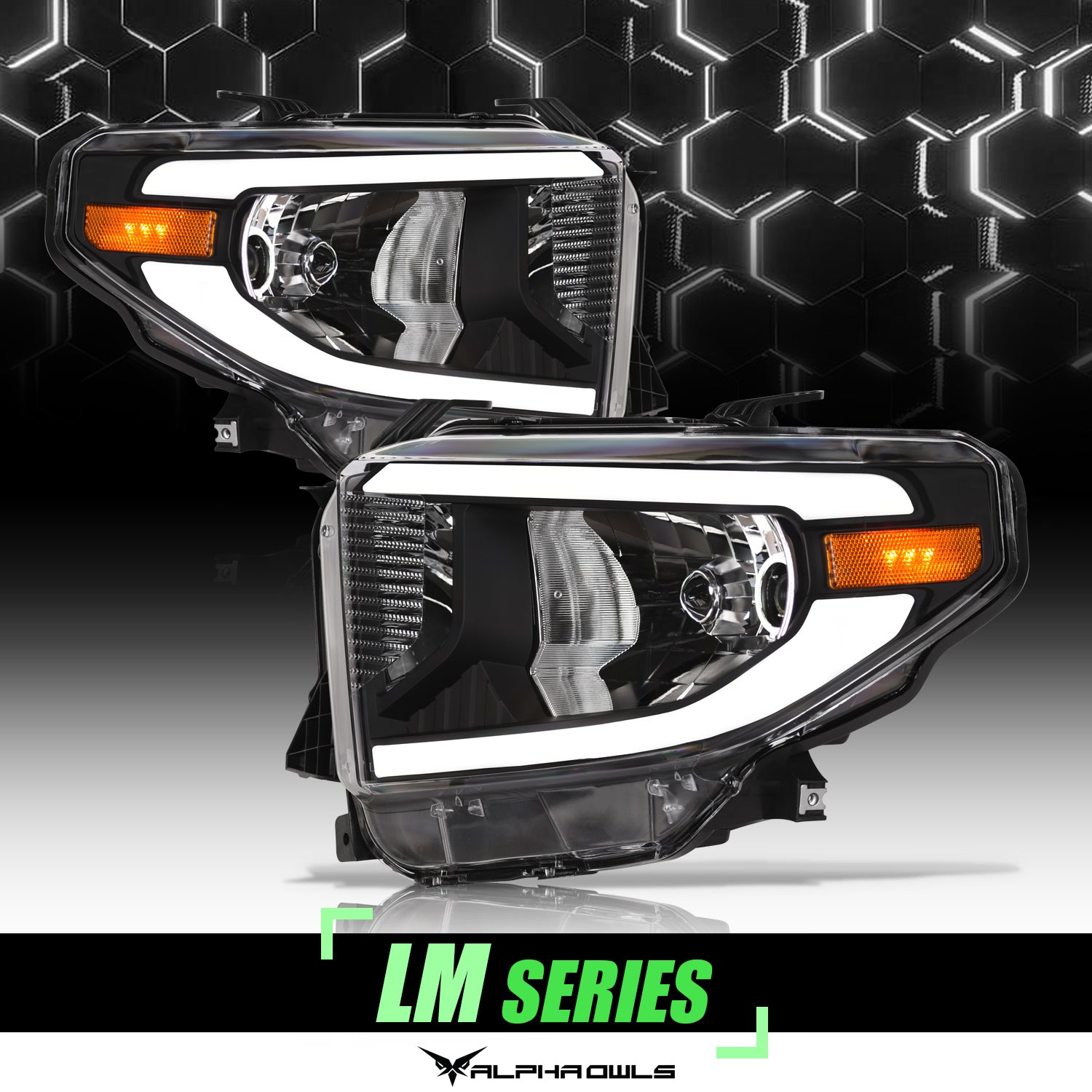 Alpha Owls 2014-2021 Toyota Tundra LM Series Headlights (Crystal Headlights  Black housing w/ LumenX Light Bar)