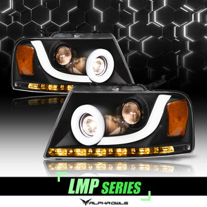 Alpha Owls 2006-2008 Lincoln Mark-LT LMP Series Headlights (Halogen Projector Black housing w/ LumenX Light Bar)