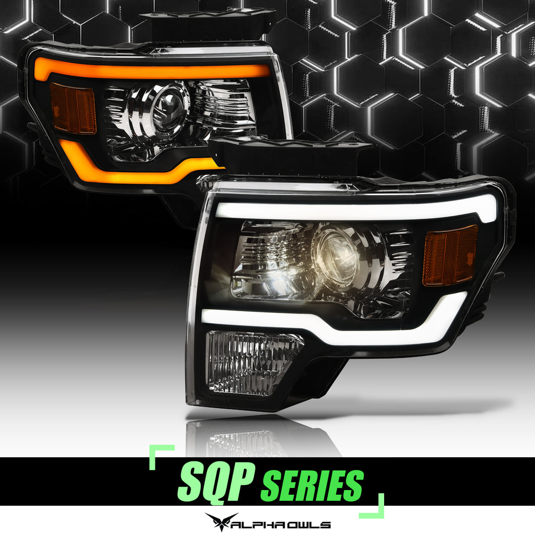 Alpha Owls 2009-2014 Ford F-150 (Excl. Models w/ factory Xenon) SQP Series Headlights (Halogen Projector Black housing w/ Sequential Signal/LumenX Light Bar)