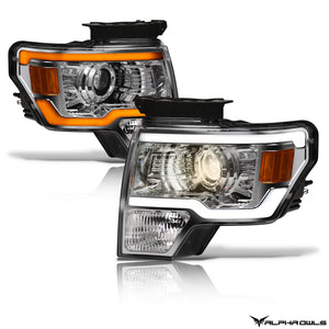 Alpha Owls 2009-2014 Ford F-150 (Excl. Models w/ factory Xenon) SQP Series Headlights (Halogen Projector Chrome housing w/ Sequential Signal/LumenX Light Bar)